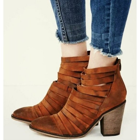 NEW Free People Hybrid Heel Boots Terracotta Tan Destroyed Leather Ankle Booties - Picture 2 of 12